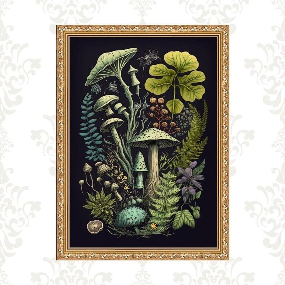 Quadro Moldura Dourada Botânica Cogumelos 24X18Cm