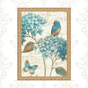 Quadro Moldura Dourada Passarinho Vintage Azul 45X34Cm