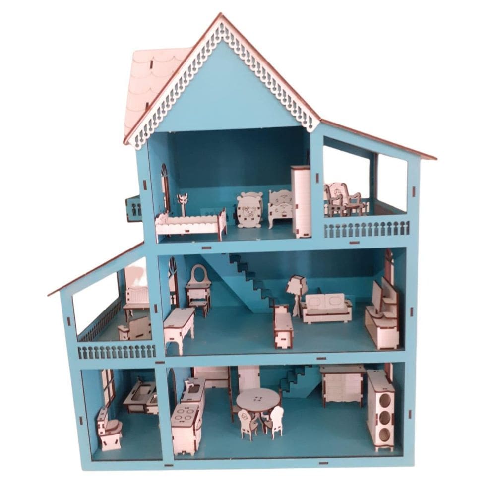 Casa Casinha Mdf Pintado Azul + Kit 30 Moveis Em Mdf