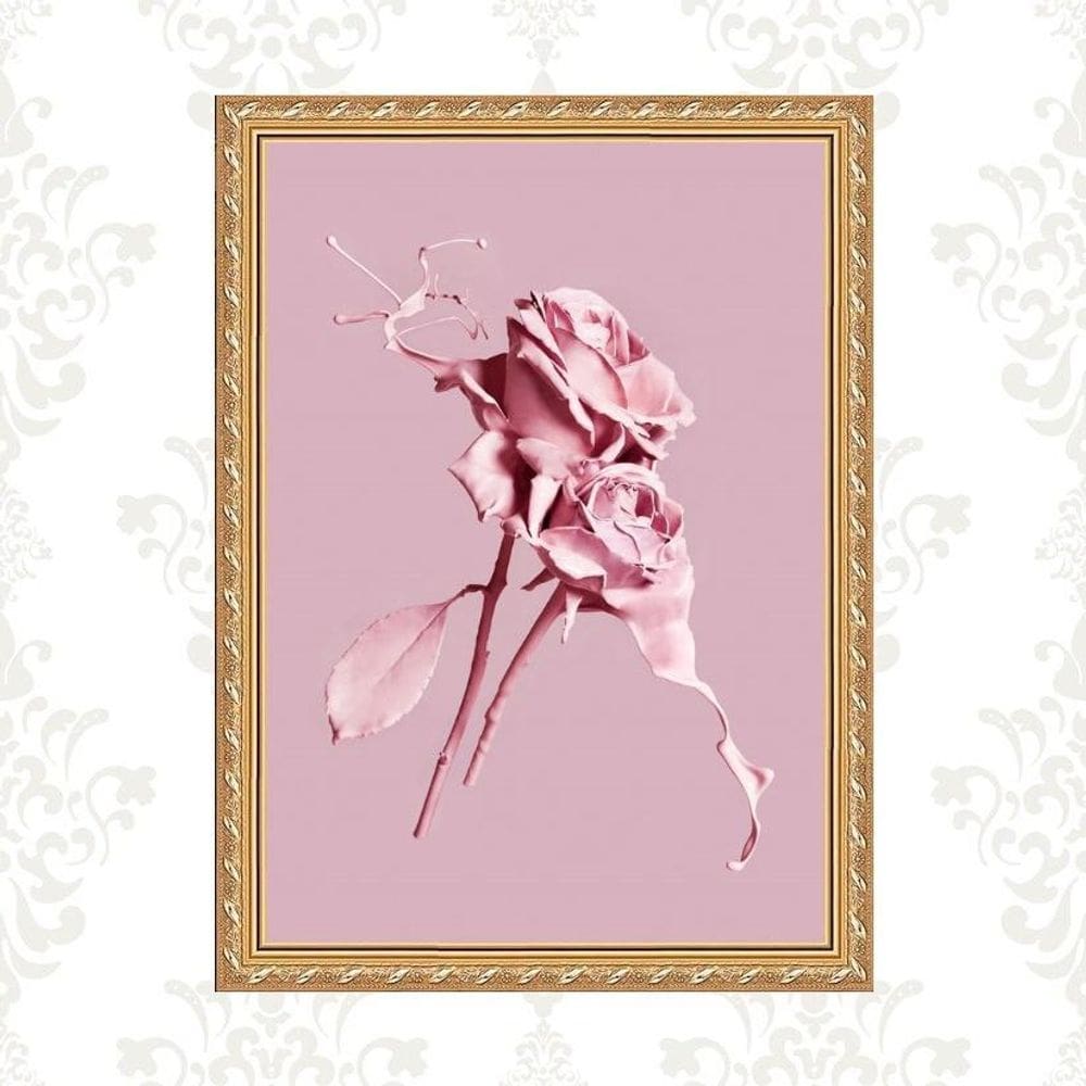 Quadro Moldura Dourada Flores Rosas - Tinta 24X18Cm
