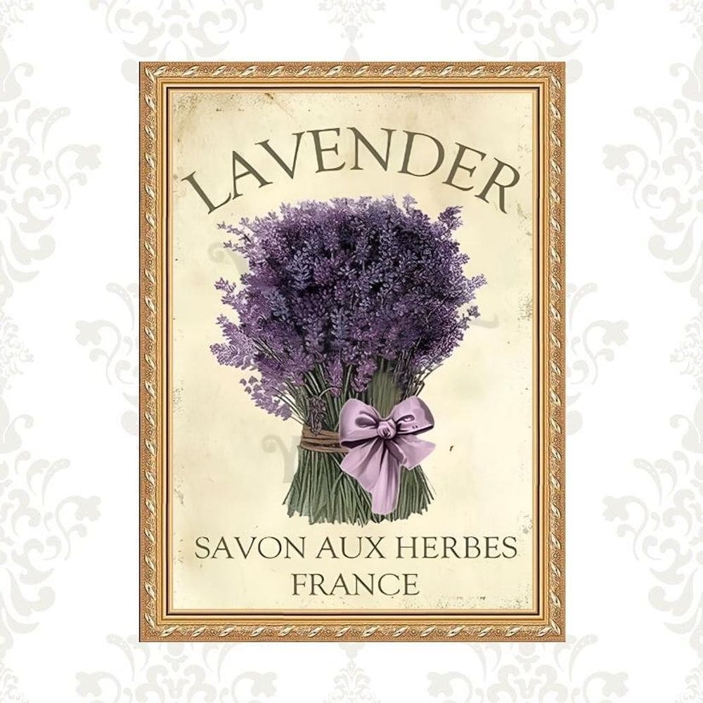 Quadro Moldura Dourada Buquê De Lavanda 33X24Cm