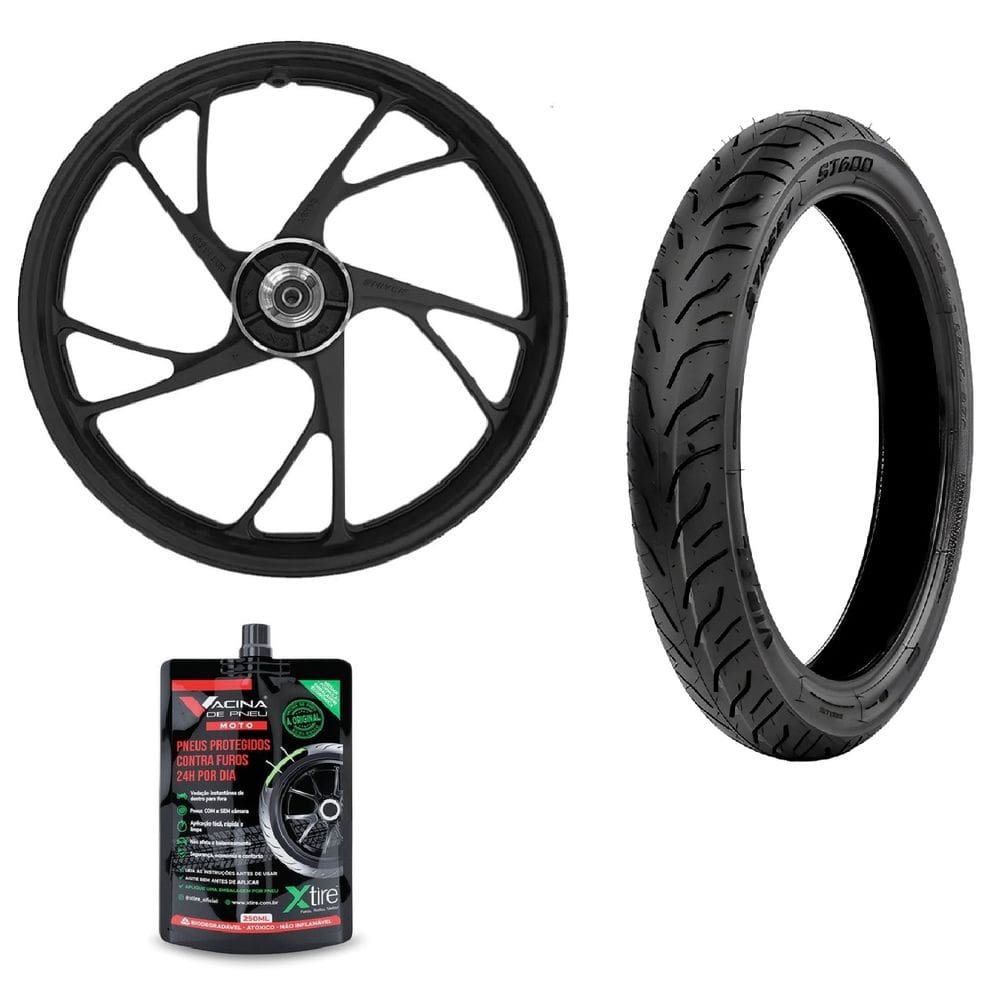 Kit Roda Pé De Galinha Shiver Disco Dianteira + 1 Pneu St600 80/100-18 + Selante Pneu X-Tire