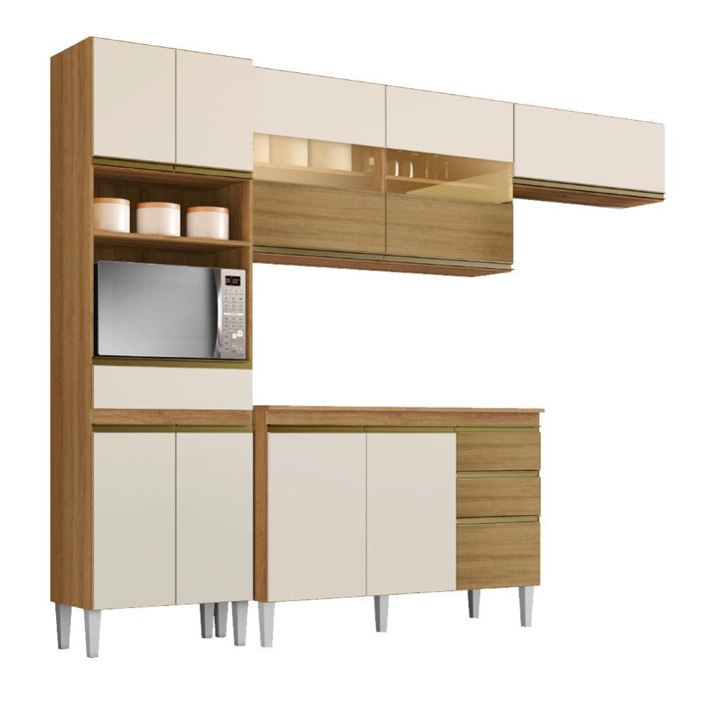 Armário de Cozinha Completa com Balcão e Nicho para Micro-ondas 9 Portas 3 Gavetas Clara Atacama / Branco Aramóveis