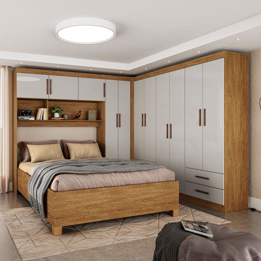 Guarda-Roupa Casal Modulado com Cama Hércules 11 Portas 6 Gavetas Cinamomo/Off White - Carioca Móveis