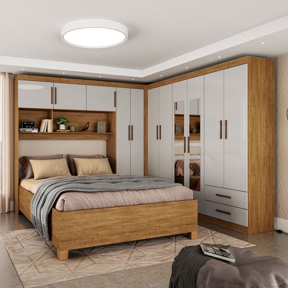Guarda-Roupa Casal Modulado com Cama Hércules 11 Portas 6 Gavetas com Espelho Cinamomo/Off White - Carioca Móveis