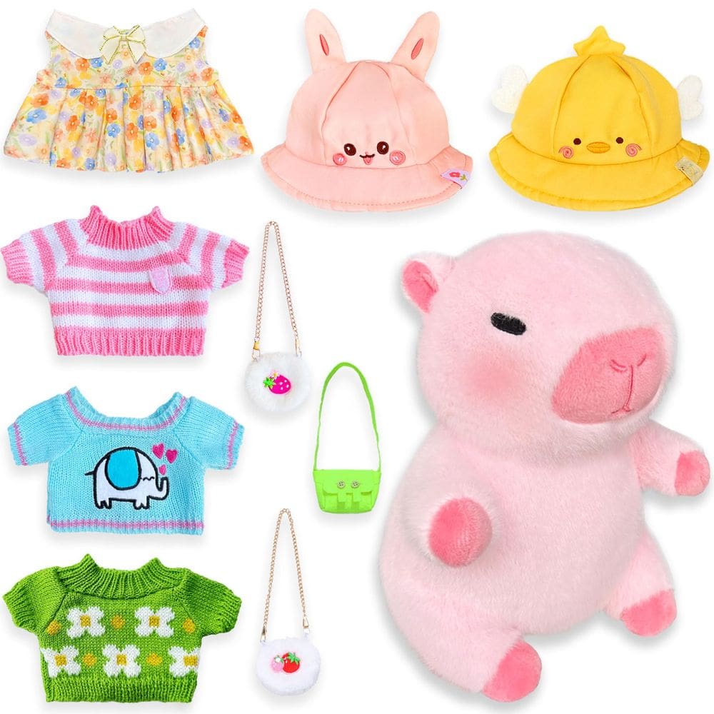 Brinquedo de pelúcia HACHIMI Capybara com 9 roupas e acessórios 26cm