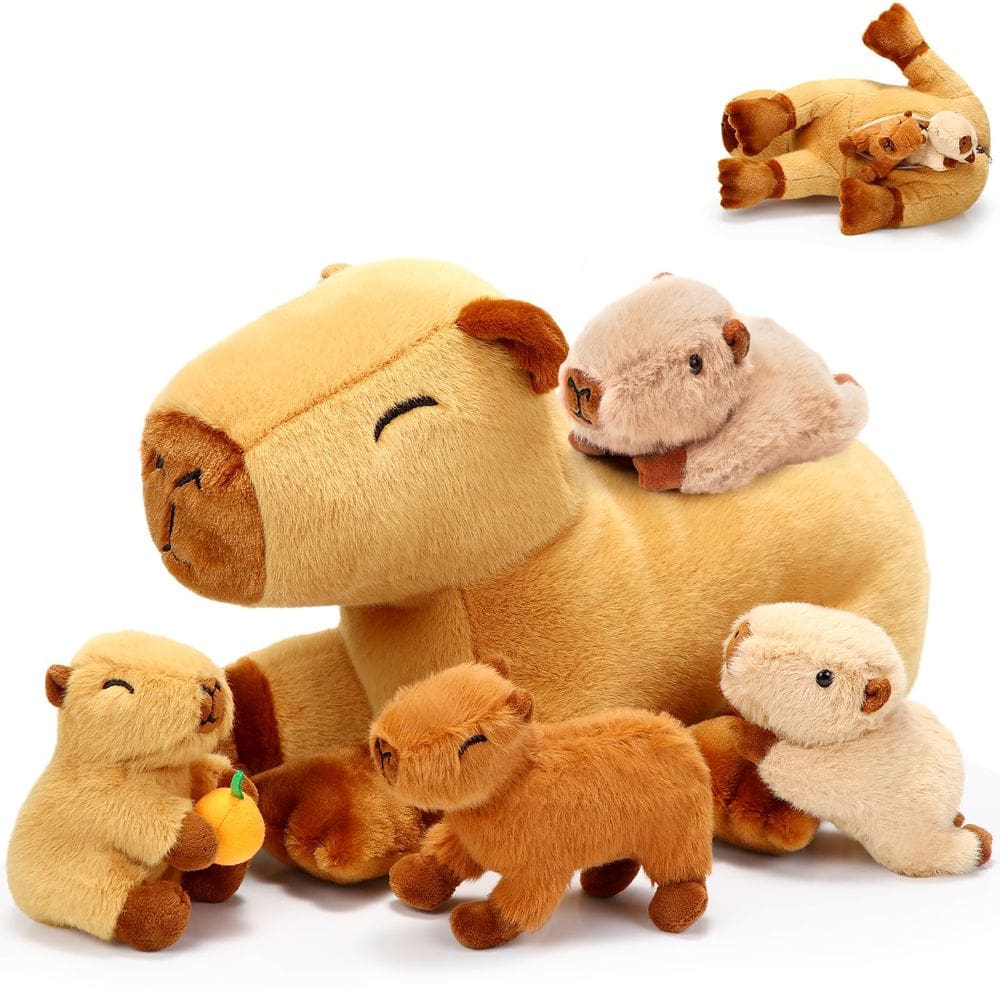 Bichos de pelúcia PullCrease Capybara Mommy com 4 bebês de 40 cm