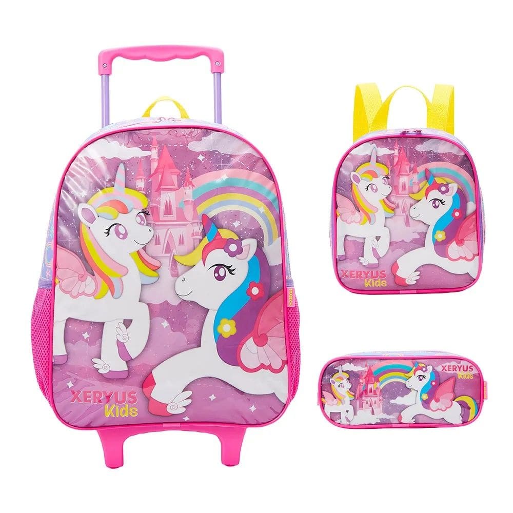 Kit Mochila Rodinha Unicornio Lancheira Estojo Escolar 13660