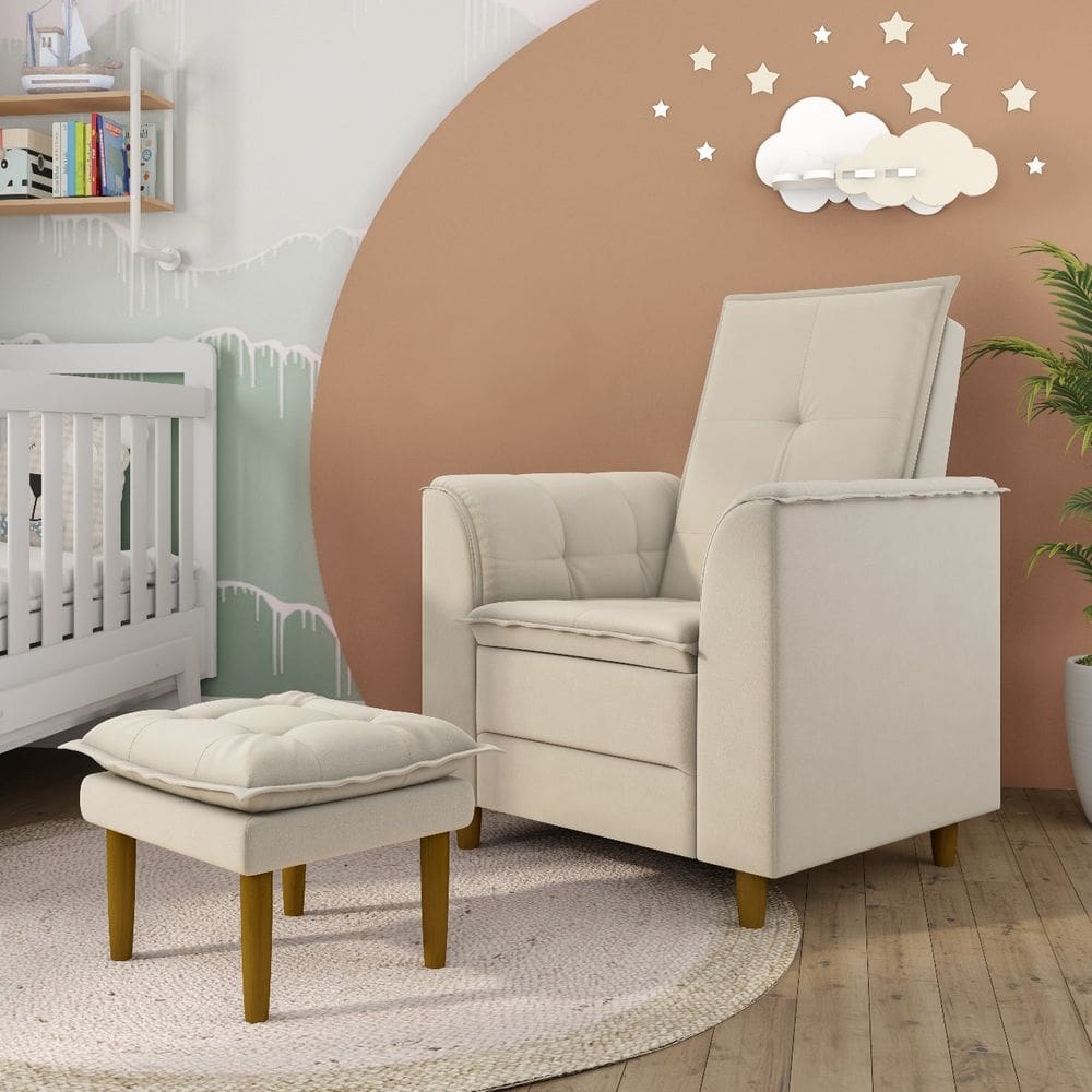 Poltrona Decorativa Amamentação Reforçada e Puff Alice Suede