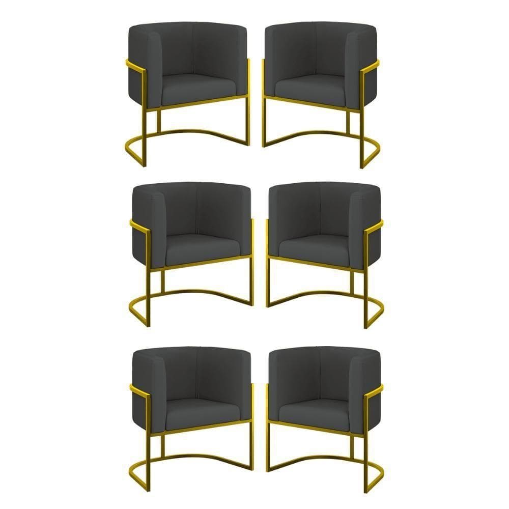 Kit 06 Cadeiras Poltrona Sala Quarto Base Gold Corino Cinza
