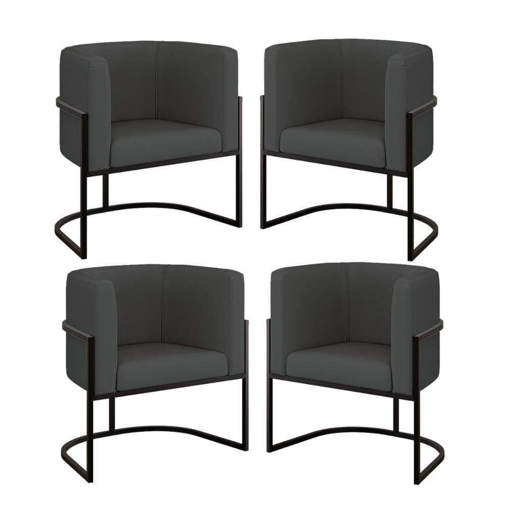 Kit 04 Cadeiras Poltrona Sala Quarto Base Metal Preta Corino Cinza
