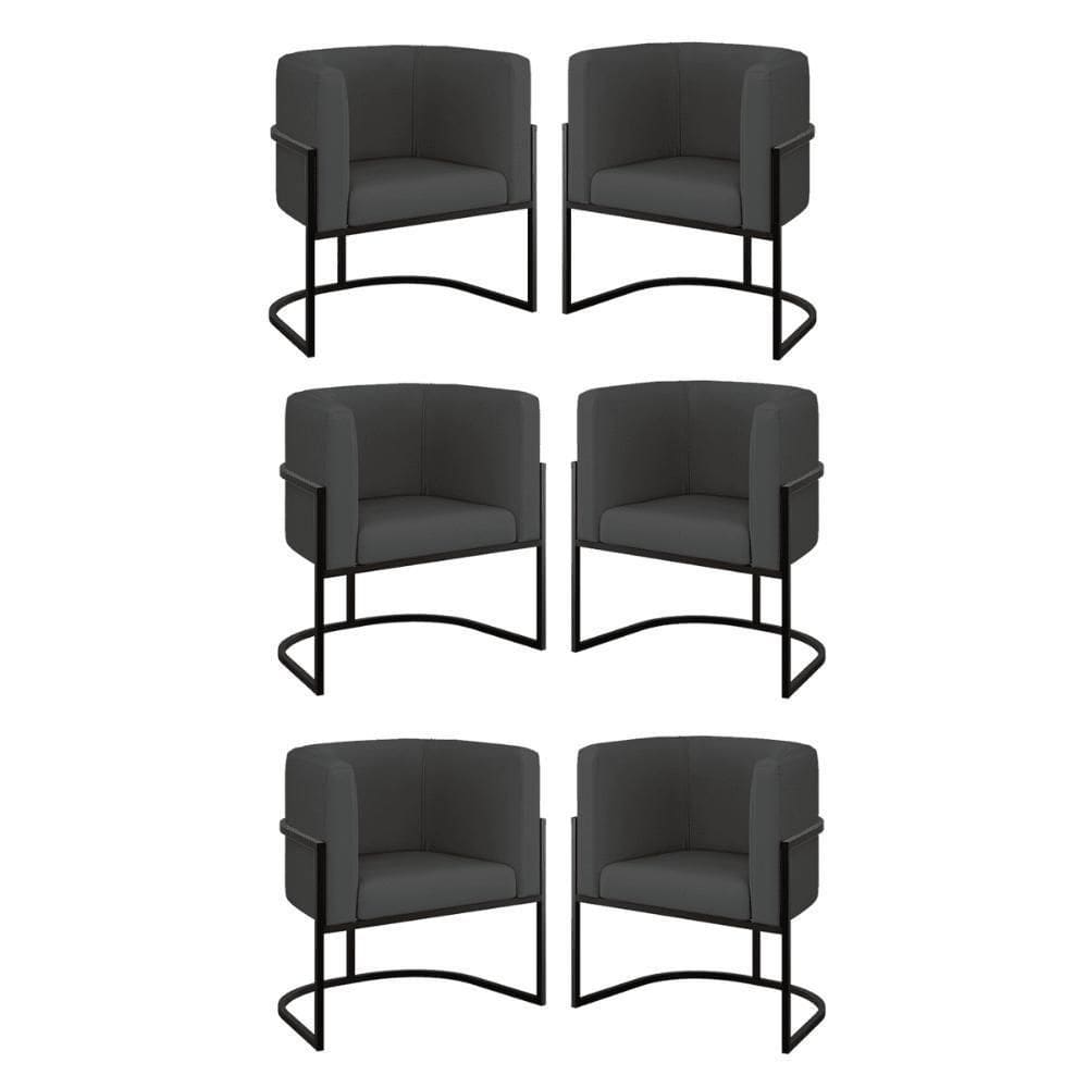 Kit 06 Cadeiras Poltrona Sala Quarto Base Preta Corino Cinza
