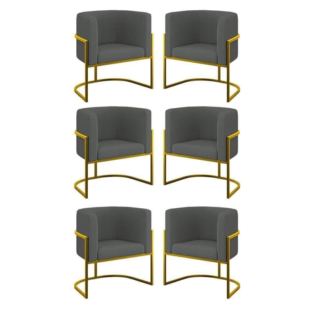 Kit 06 Cadeiras Poltrona Sala Quarto Base Gold Veludo Cinza