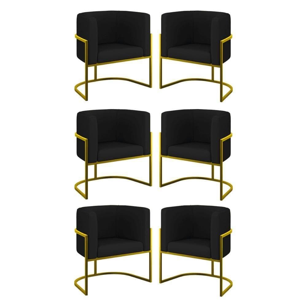 Kit 06 Cadeiras Poltrona Sala Quarto Base Gold Corino Preto