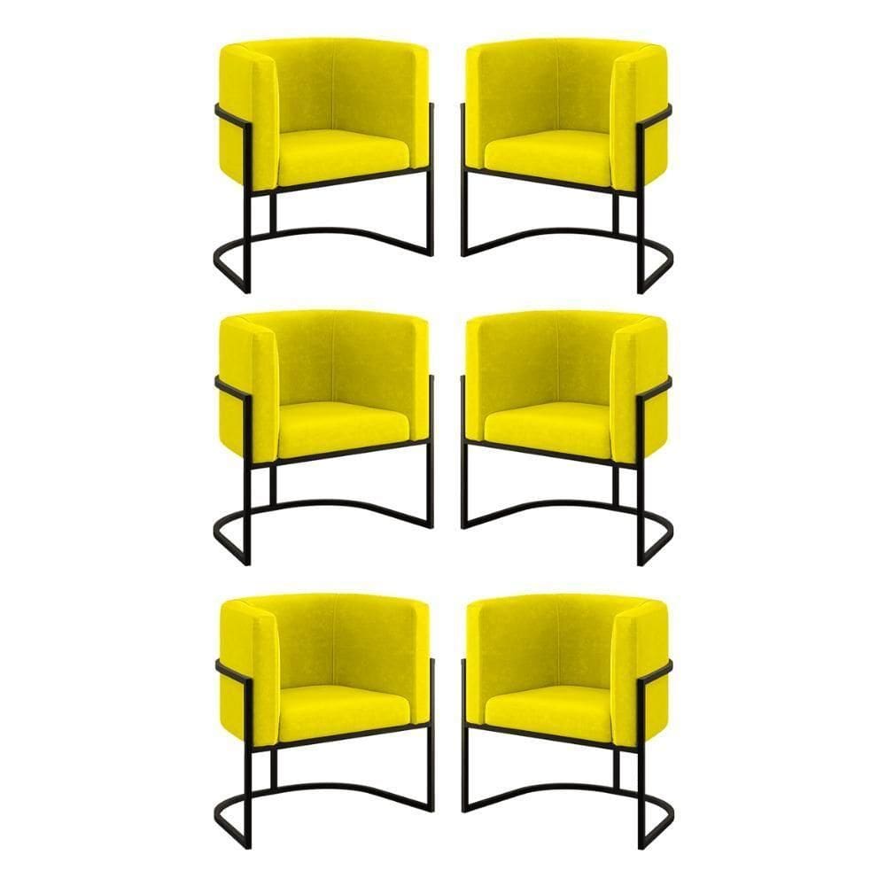 Kit 06 Cadeiras Poltrona Para Sala Quarto Base Metal Preta Amarelo