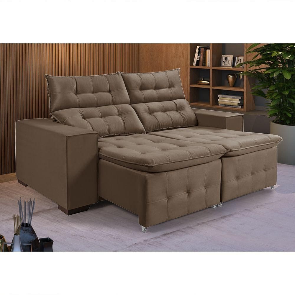 Sofá Retratil Reclinável Pillow 1,90 Veludo Amêndoa Marrom