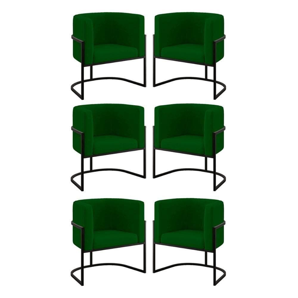 Kit 06 Cadeiras Poltrona Para Sala Quarto Base Metal Preta Verde