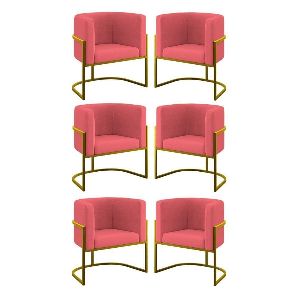 Kit 06 Cadeiras Poltrona Para Sala Quarto Base De Metal Gold Rosa
