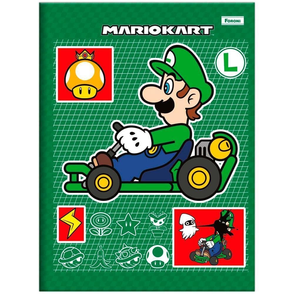 Caderno Brochurão Escolar 80Fl Mario Kart Luigi Verde Foroni