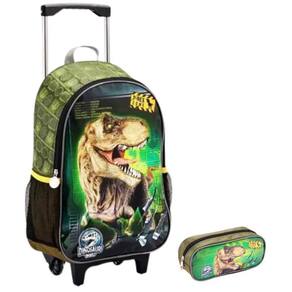 Kit Mochila Escolar Dinossauro T-Rex Rodinha Tam G Estojo