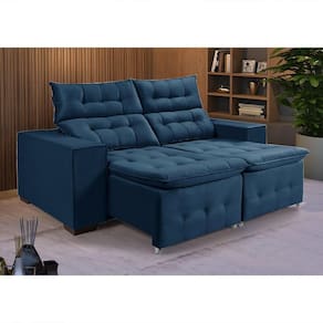 Sofá Retratil Reclinável 3 Lugares Pillow Em Veludo 1,90 Azul