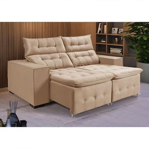 Sofá Retratil Reclinável 3 Lugares Pillow Em Veludo 1,90 Bege