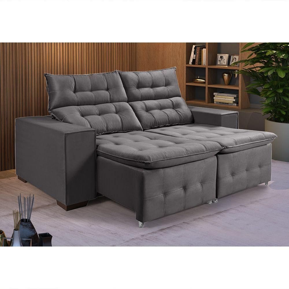 Sofá Retratil Reclinável Pillow Em Veludo 1,90 Grafite Cinza