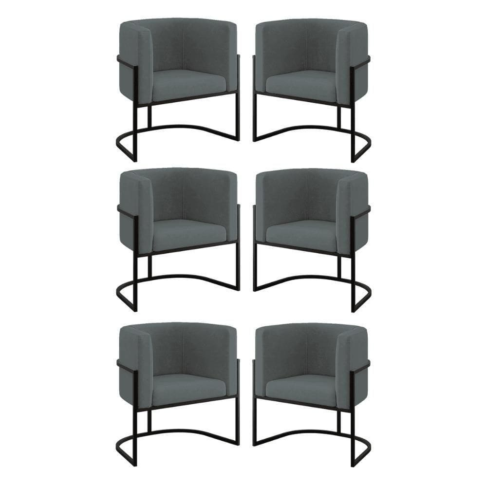 Kit 06 Cadeiras Poltrona Para Sala Quarto Base Metal Preta Cinza