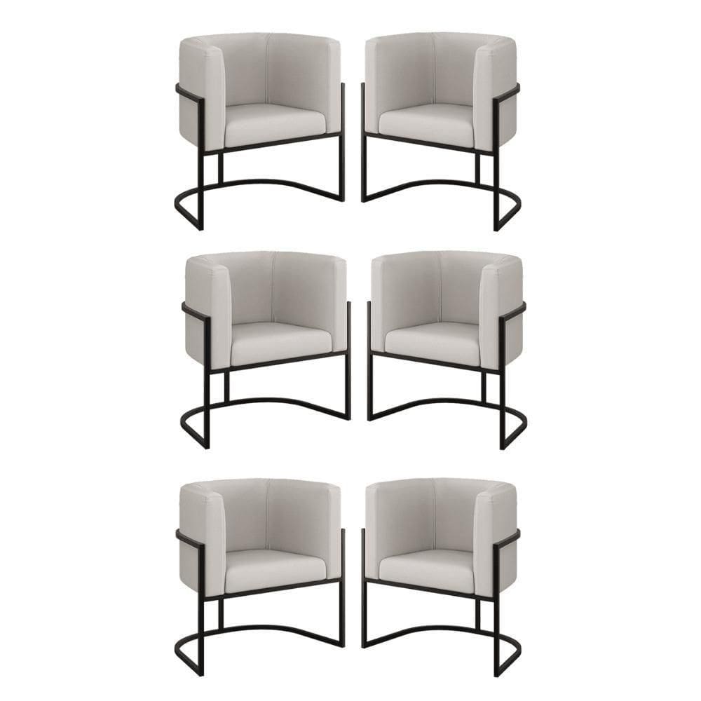 Kit 06 Cadeiras Poltrona Sala Quarto Base Preta Corino Bege