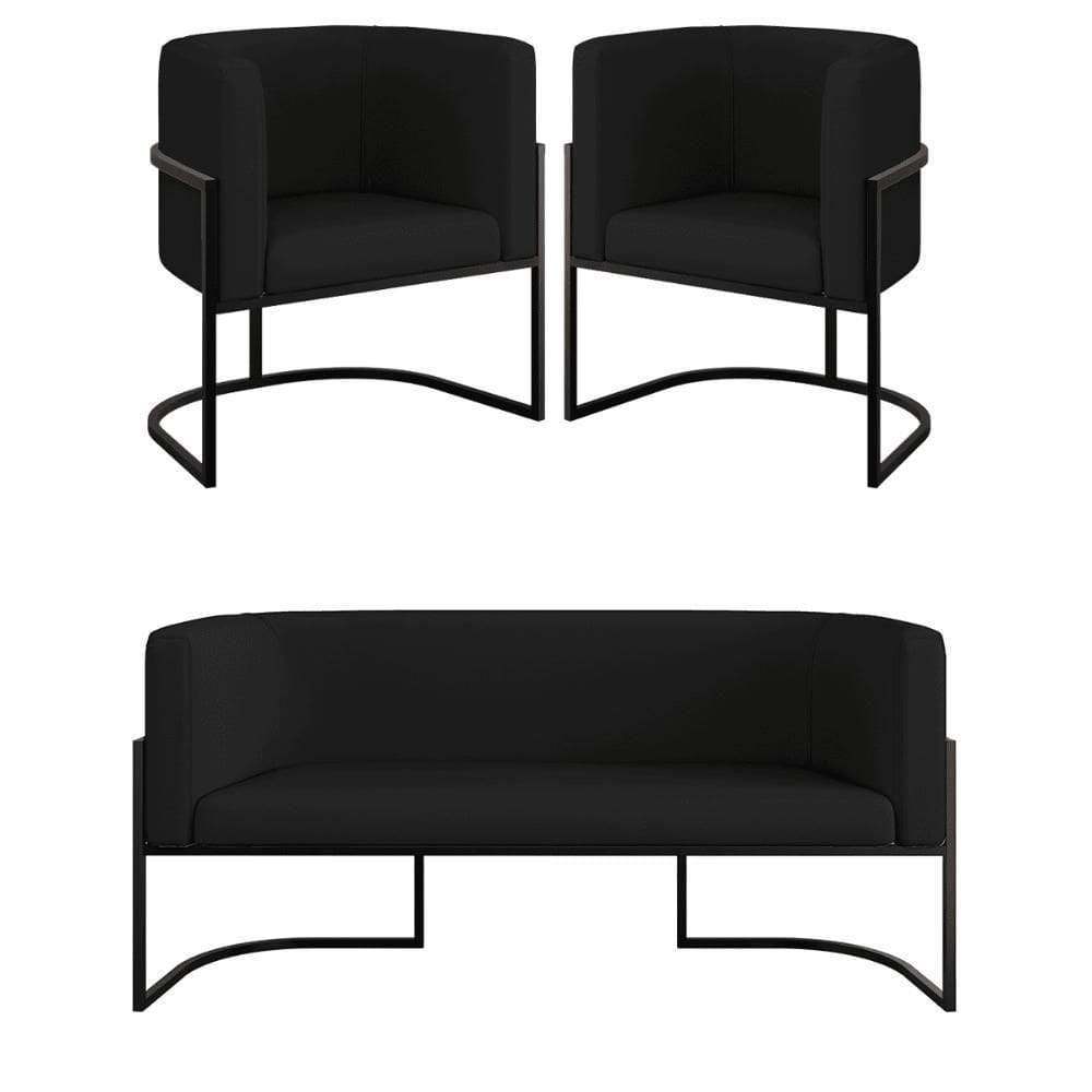 Kit 2 Cadeiras Poltronas + Sofá 2 Lugares Base Preta Corino Preto