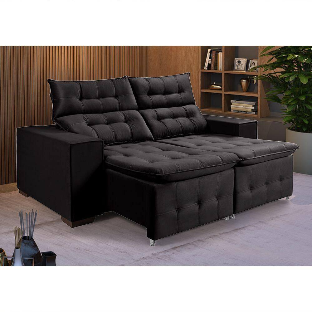 Sofá Retratil Reclinável Pillow Em Veludo 1,90 Preto