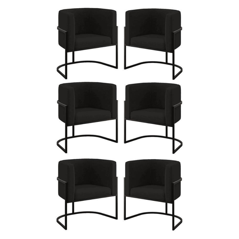 Kit 06 Cadeiras Poltrona Para Sala Quarto Base Metal Preta Preto
