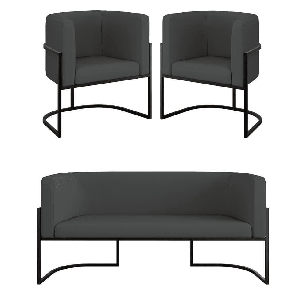Kit 2 Cadeiras Poltronas + Sofá 2 Lugares Base Preta Corino Cinza