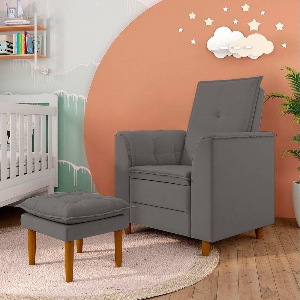 Poltrona Decorativa Amamentação Reforçada E Puff Luly Suede cinza