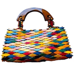Bolsa Artesanal Madeira Envernizada Colorida Alça Curta