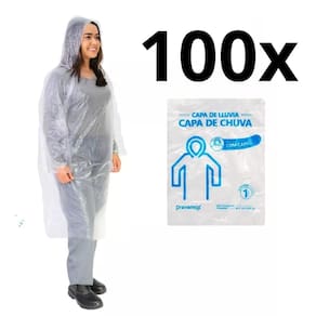 100 Capas De Chuva Descartavel Transparente Capuz Unissex