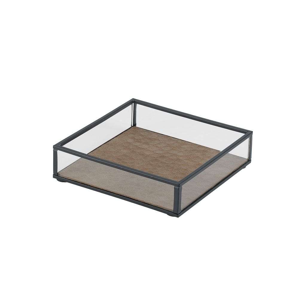 Bandeja Decorativa Em Vidro Metal e Couro Sintético Marrom 15cm AH0604 BTC