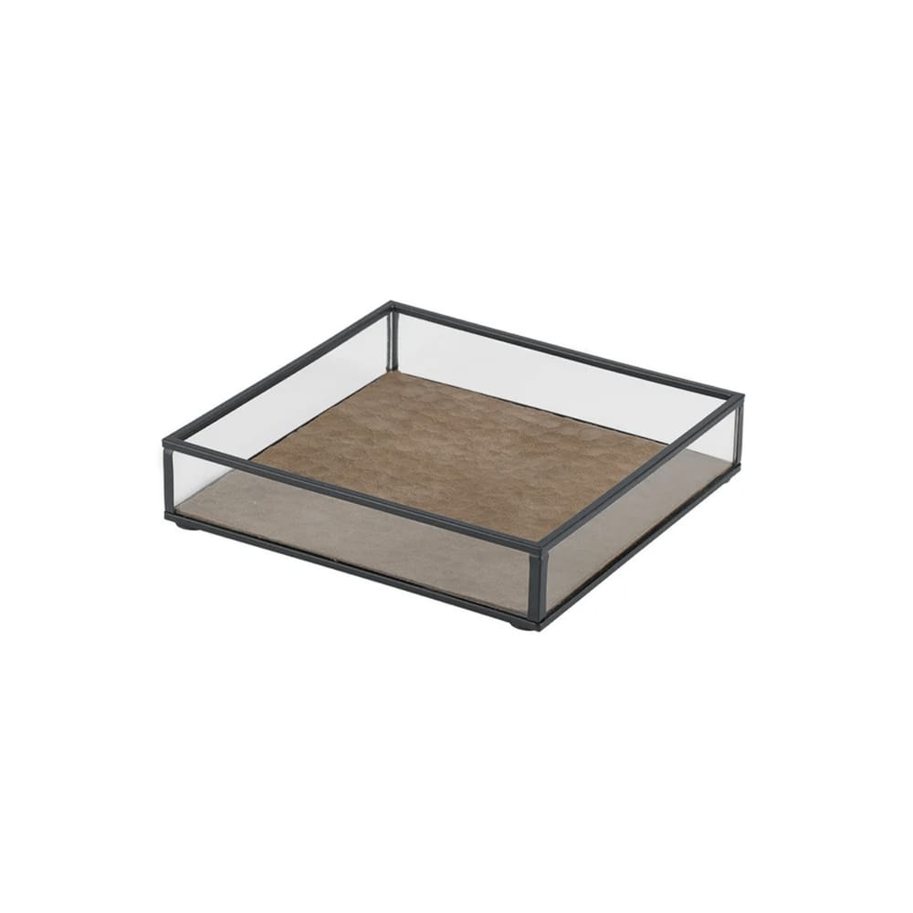 Bandeja Decorativa Em Vidro Metal e Couro Sintético Marrom 18cm AH0605 BTC