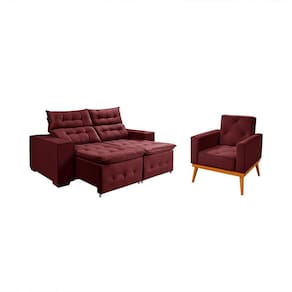 Kit Sofá Retratil Reclinável Bari 1,90 Pillow Mais Poltrona Florença Em Veludo Vinho Roxo