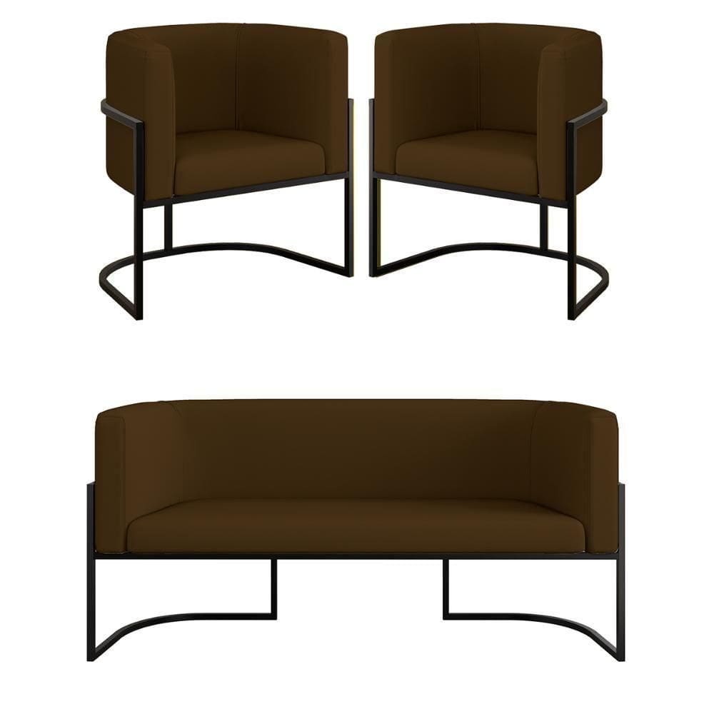 Kit 2 Poltronas + Sofá 2 Lugares Base De Metal Gold Corino Marrom
