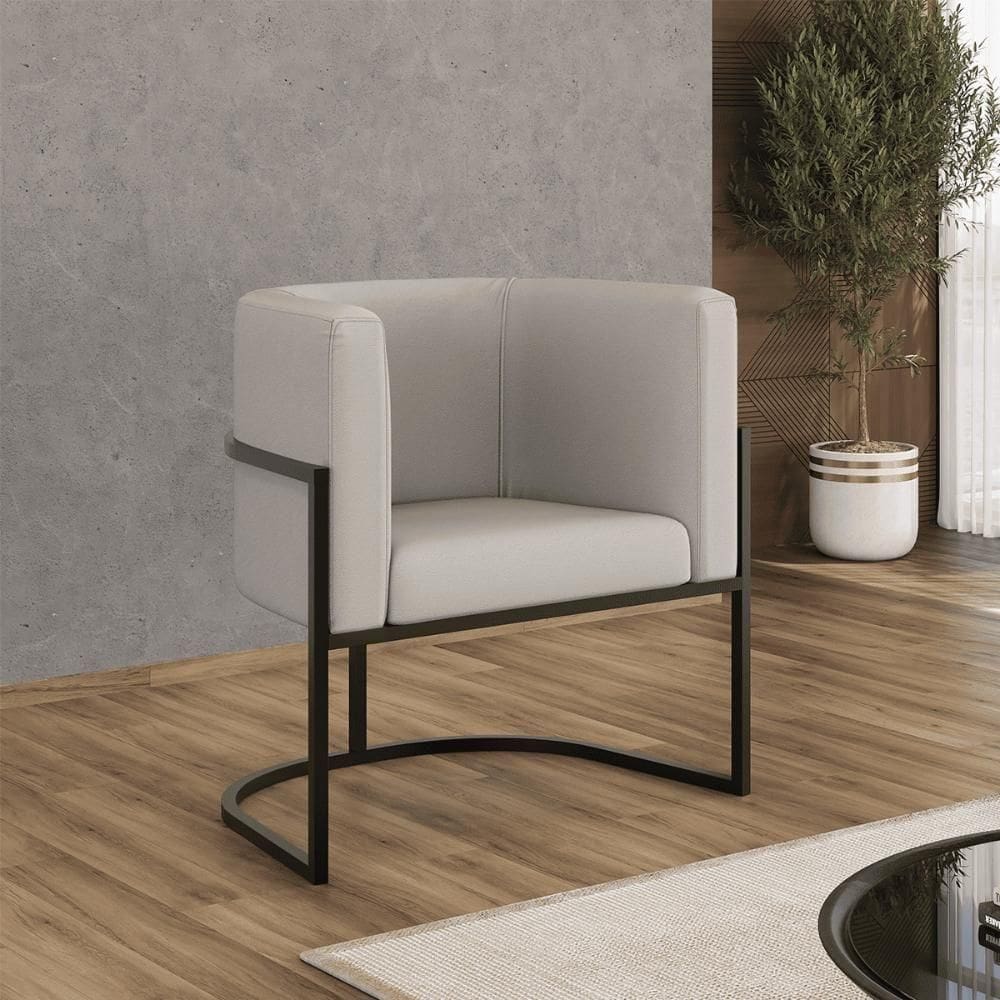 Poltrona Corino Decorativa Lua Recepção Base Ferro Black Bege