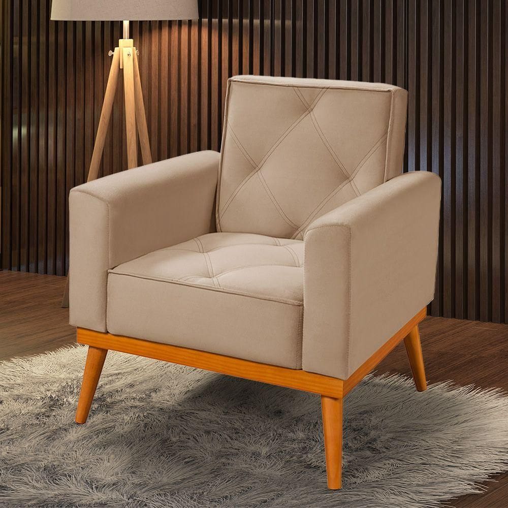 Poltrona Florença Base Em Madeira Maciça Veludo Bege