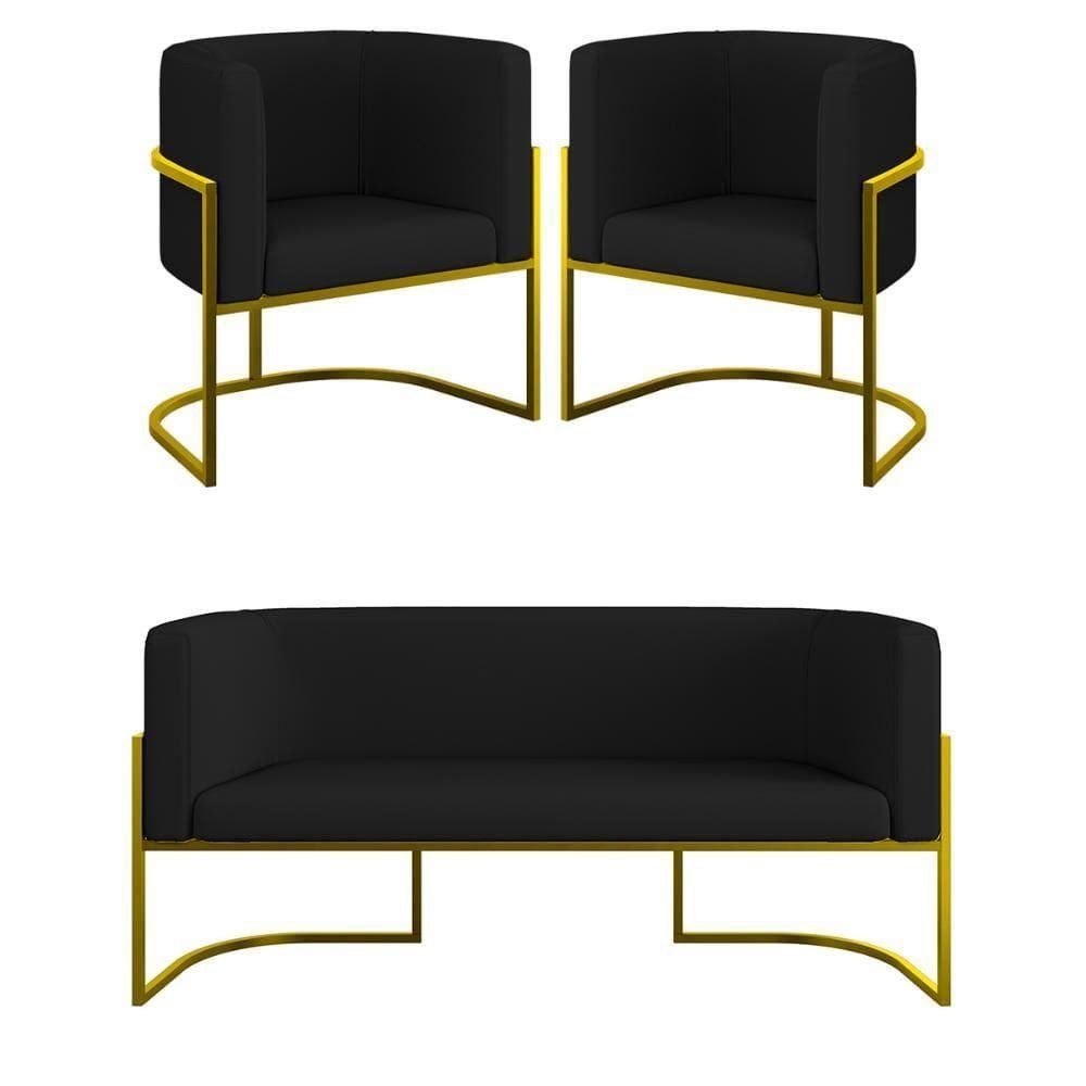 Kit 2 Poltronas + Sofá 2 Lugares Base De Metal Gold Corino Preto
