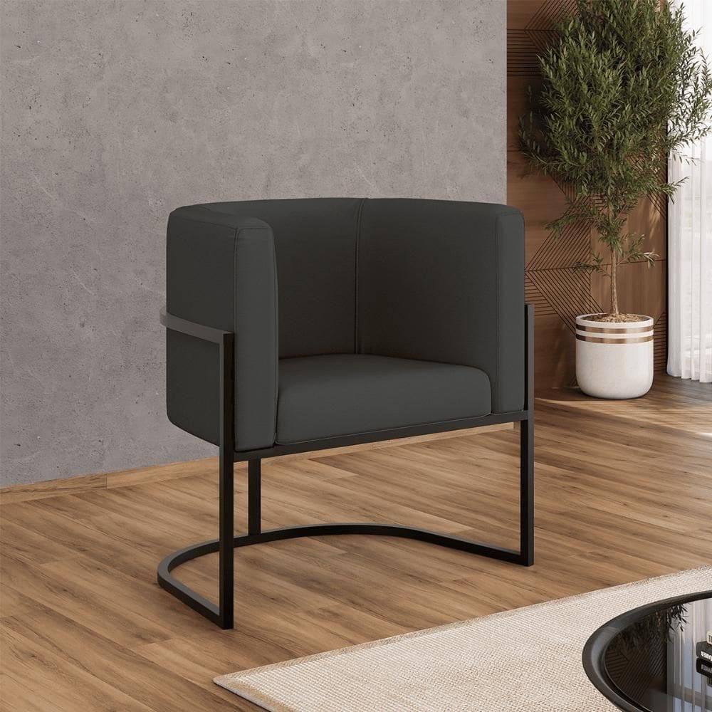 Poltrona Corino Decorativa Lua Recepção Base Ferro Black Cinza