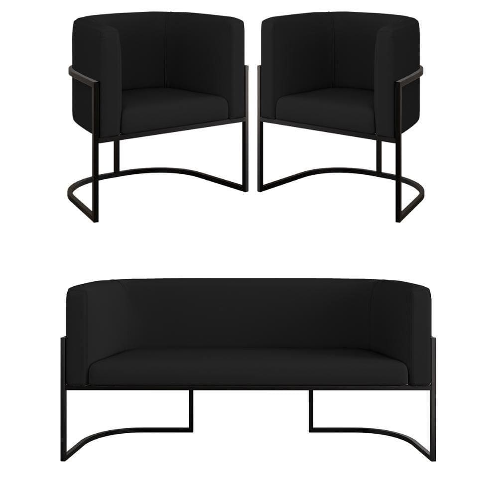 Kit 2 Poltronas + Sofá 2 Lugares Base De Metal Gold Corino Preto