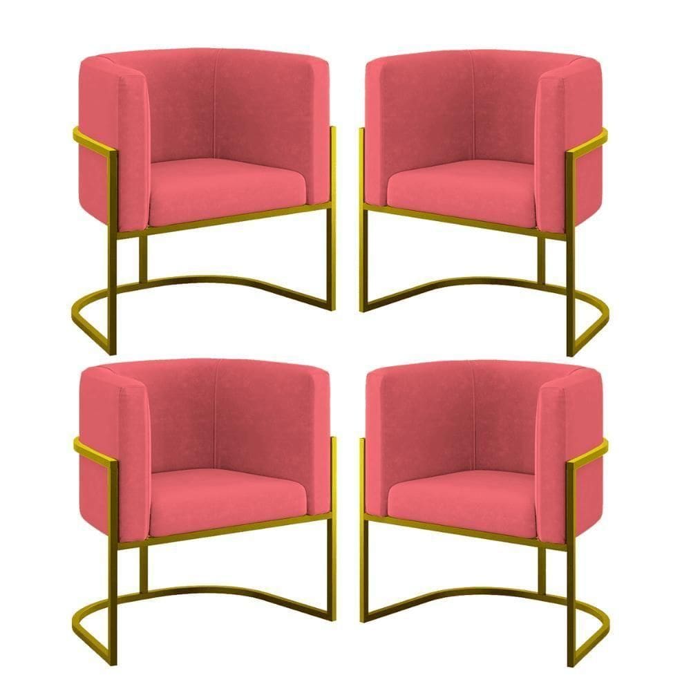 Kit 04 Poltronas Lua Sala Decorativa Base De Ferro Gold Rosa
