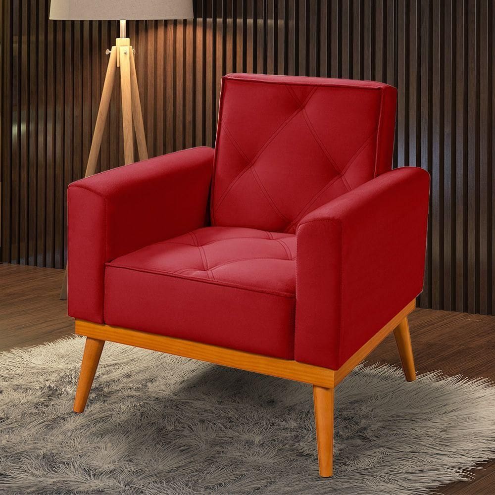 Poltrona Florença Base Em Madeira Maciça Veludo Vermelho