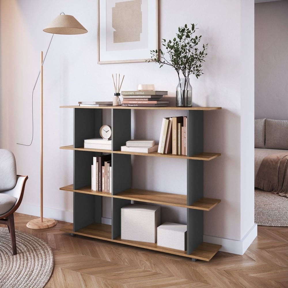 Estante Livreiro Decorativa com 6 Nichos Grafite/Mel