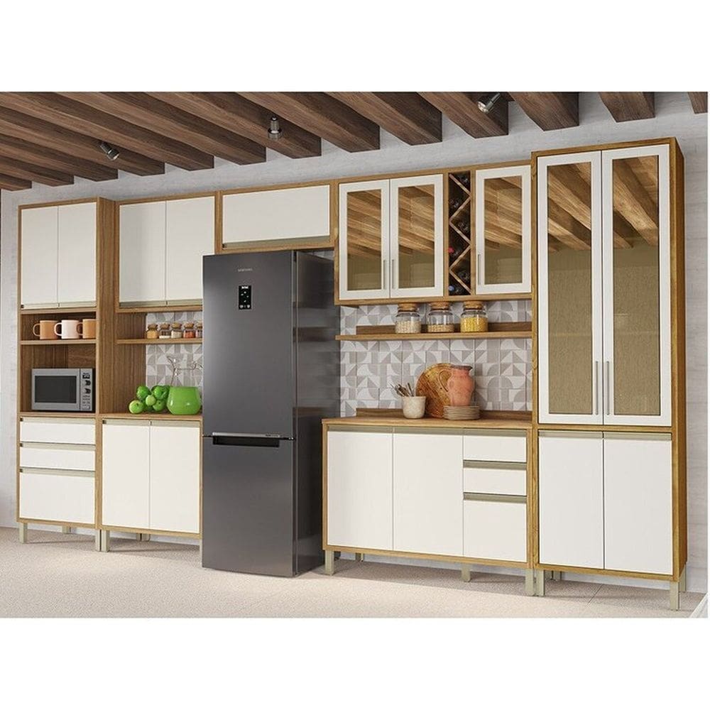 Cozinha Modulada Completa 7 Peças 17 Portas com Vidro e Tampo 100% Mdf Barbados Espresso Móveis Amêndoa/Off White