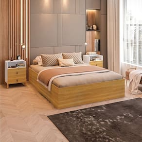 Conjunto Cama Box Casal Lia com Mesa de Cabeceira com 1 Nichos e 2 Gavetas Domus Branco/Freijó
